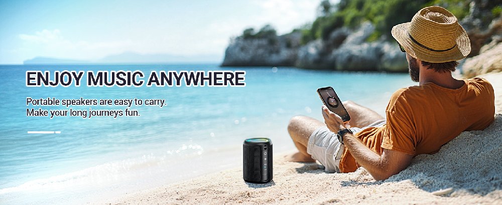 Portable black speaker on beach sand, with ocean and cliffs in background. Text promotes music enjoyment anywhere.
